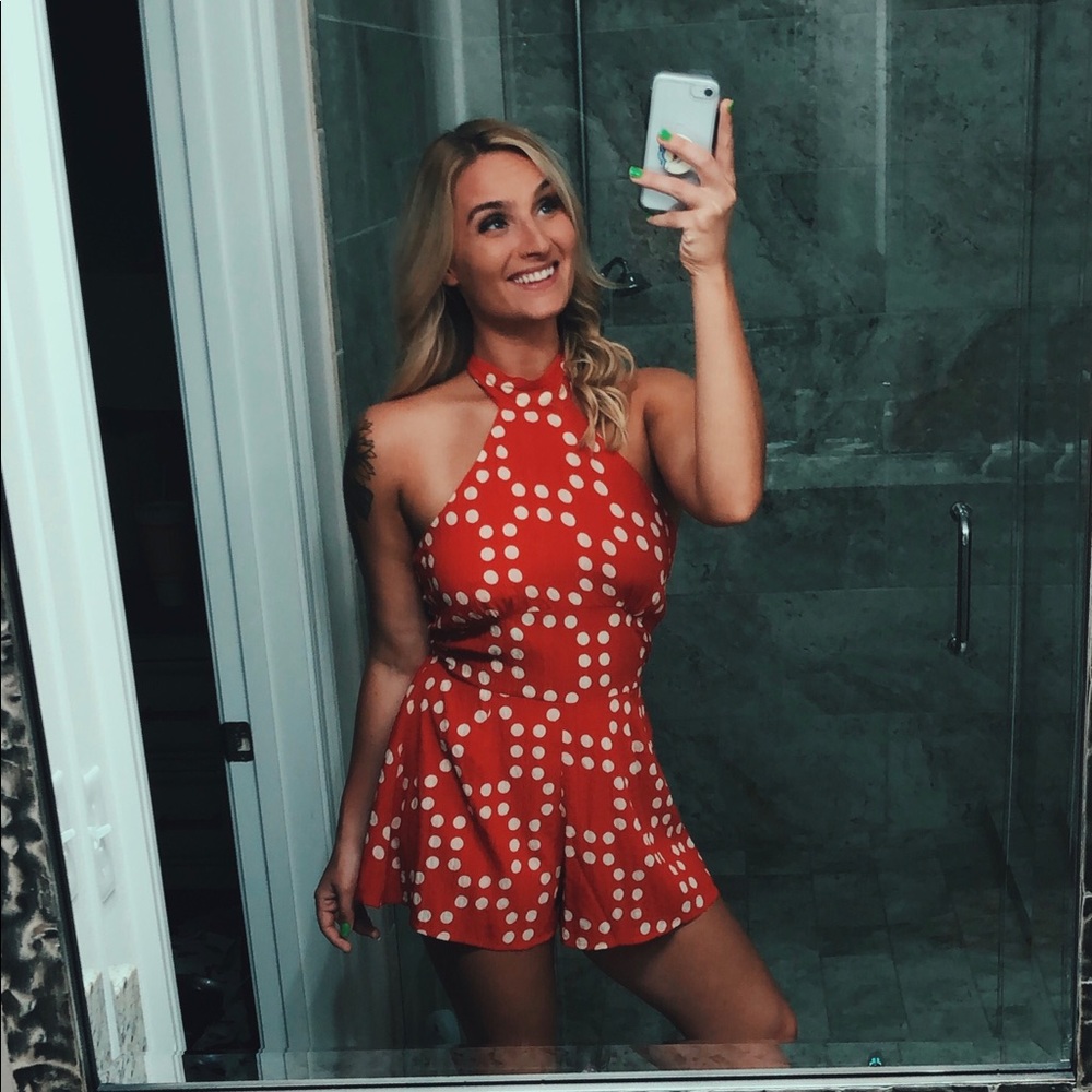 LUXXEL RED HALTER POLKA DOT ROMPER